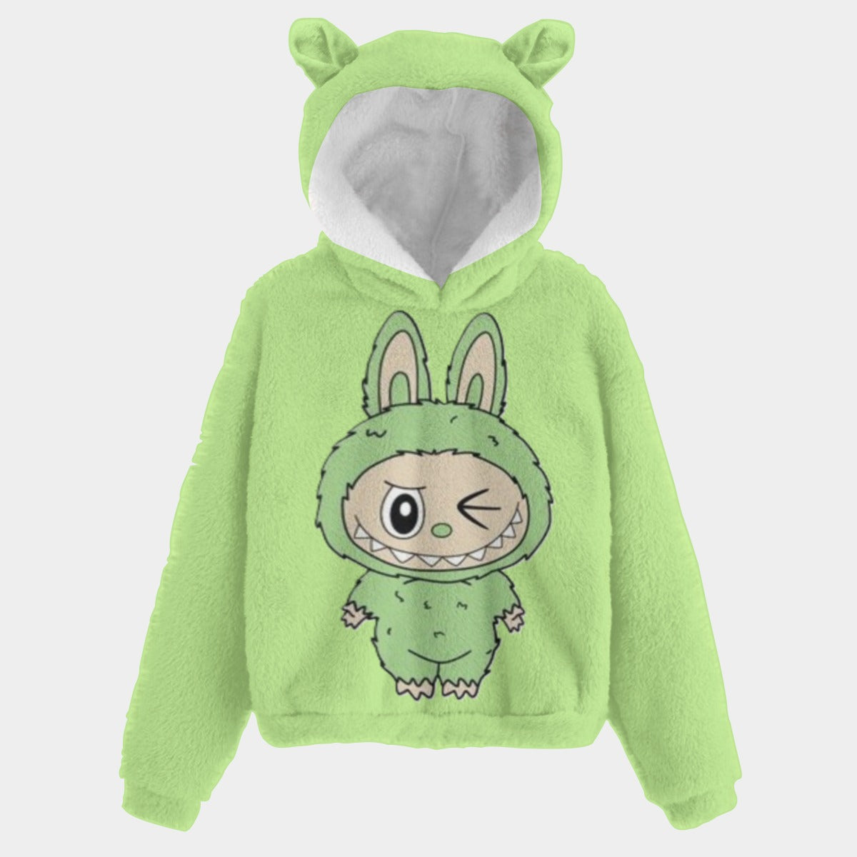 Green hoodie with cartoon character on a white background