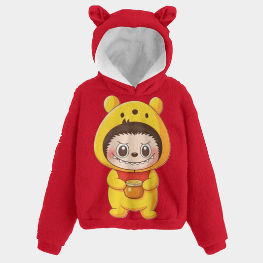 Labubu Pooh Bear Kid’s Borg Fleece Hoodie With Ears