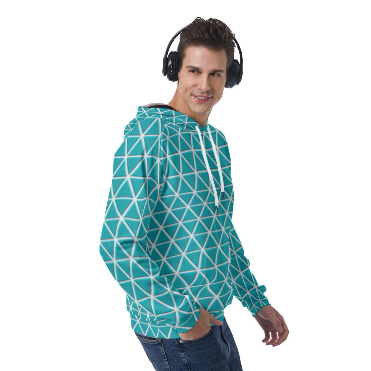 KSC's Exclusive Men's Teal Triangle Geometric Raglan Pullover Hoodie