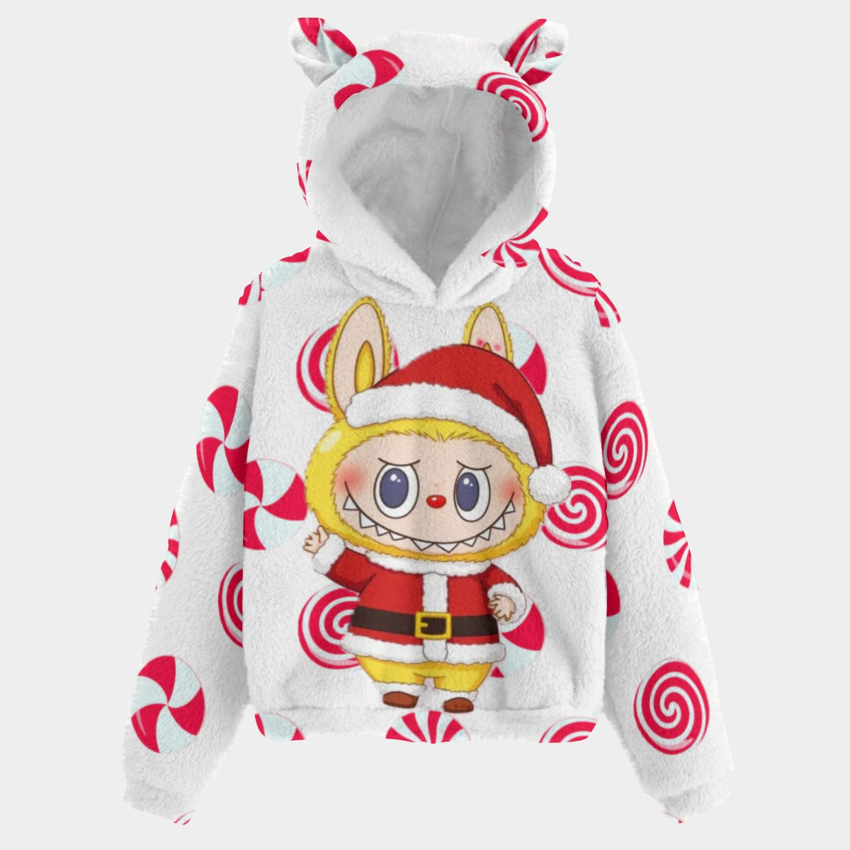 Children's hoodie with cartoon character and candy cane pattern on a white background