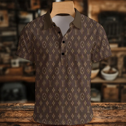Brown patterned shirt on a wooden hanger against a blurred indoor background