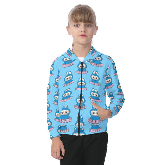 Child wearing a blue hoodie with cartoon character pattern on a white background