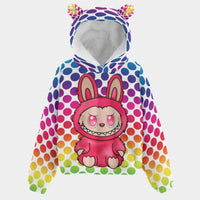 🌈 Dot the Day with Color & Cuteness the Hot Pink Labubu Rainbow Polka Dot Kid’s Borg Fleece Hoodie With Ears