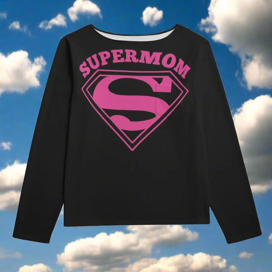 Black long-sleeve shirt with pink 'Supermom' graphic on a white background