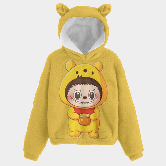 Labubu Pooh Bear Kid’s Borg Fleece Hoodie With Ears