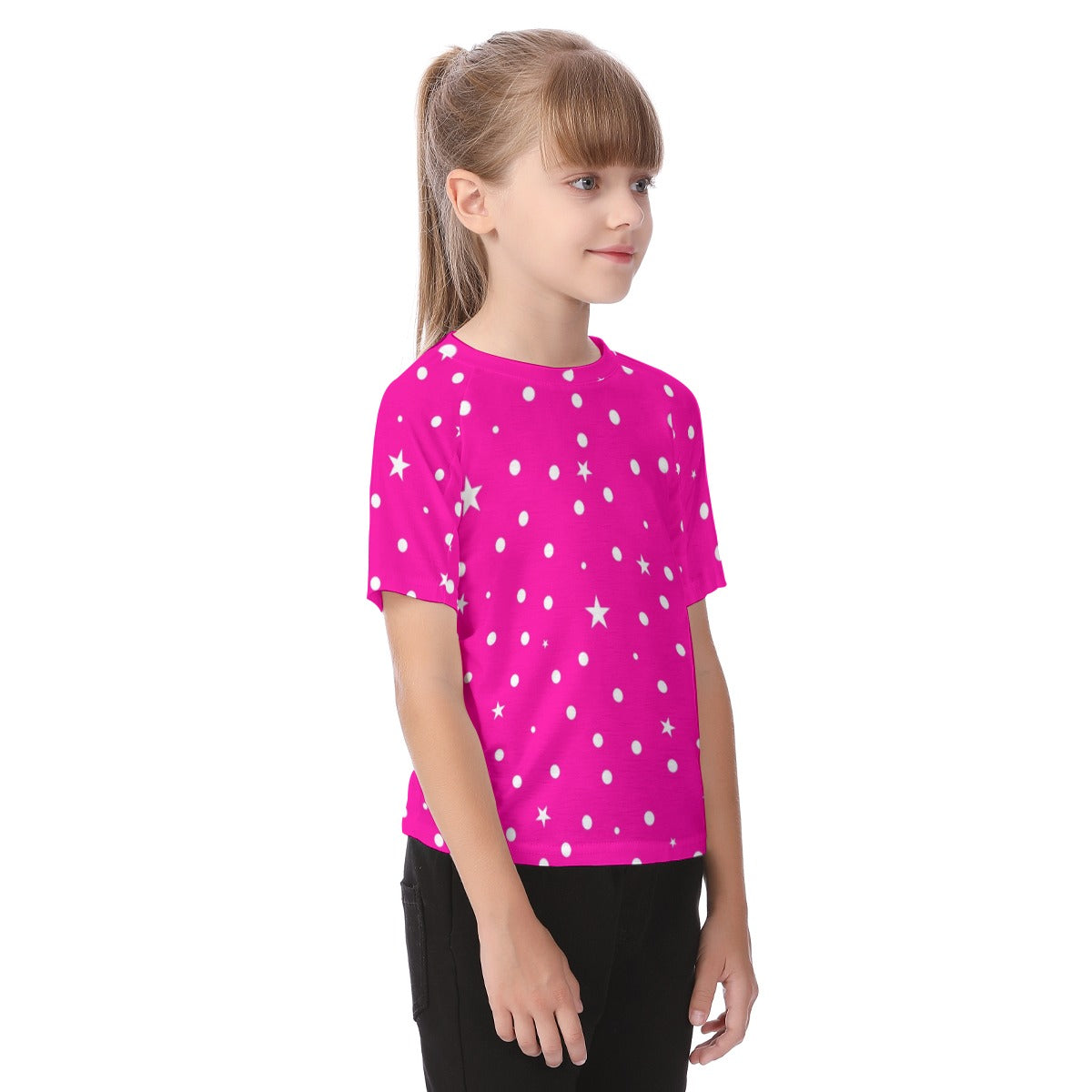 New Hot Pink Girls Polka Dot & Star Dot  Kid's Raglan Sleeve T-shirt