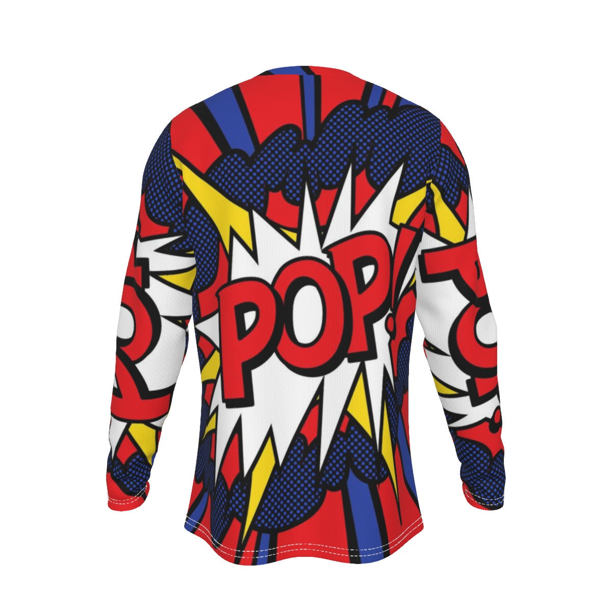 Colorful long-sleeve shirt with comic book-style design on a white background