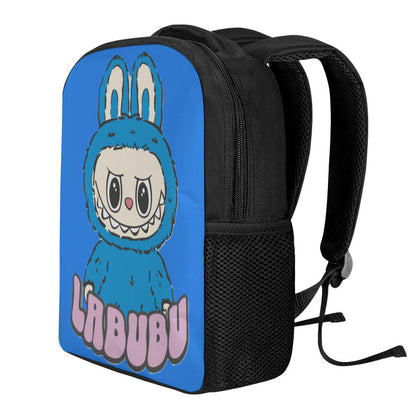 Black backpack with a cartoon character in a blue hood labeled 'LABUBU' on a blue background