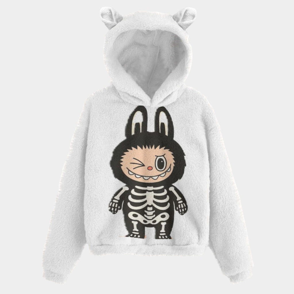 White hoodie with cartoon character design on a white background
