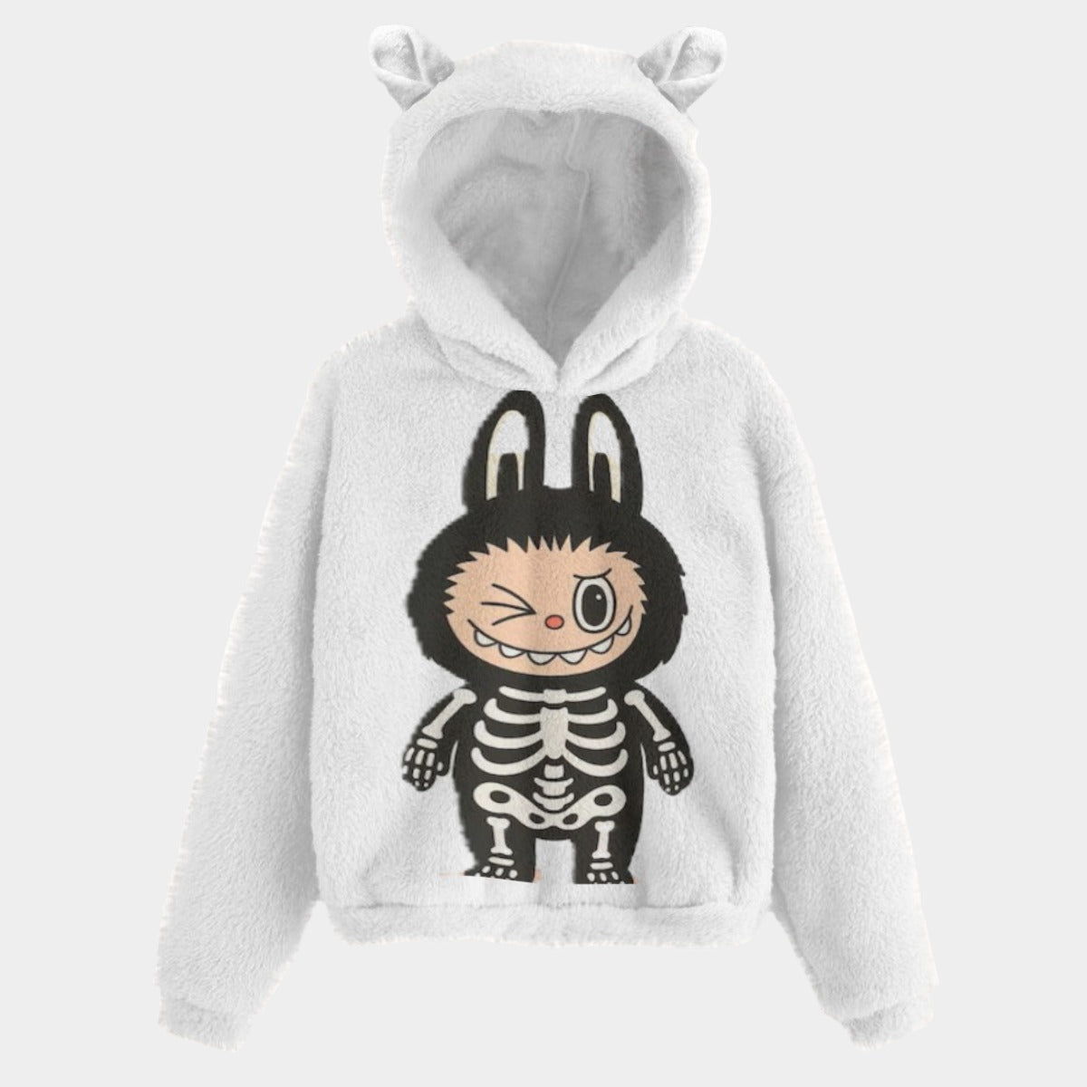 White hoodie with cartoon character design on a white background
