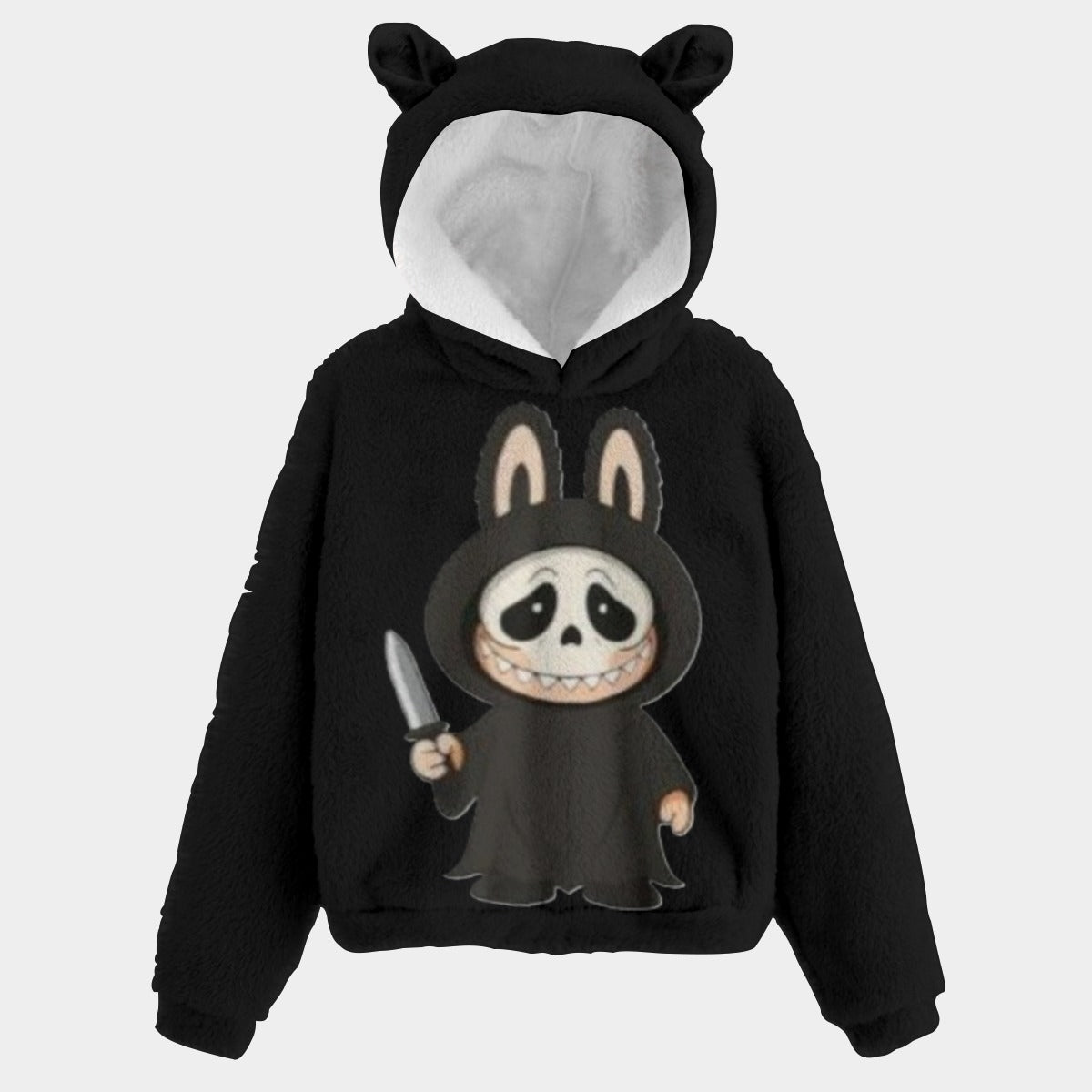 Black hoodie with cartoon character design on a light gray background