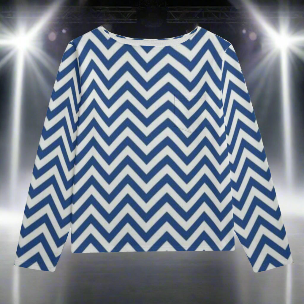 Blue and white chevron patterned top on a white background