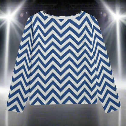 Blue and white chevron patterned top on a white background