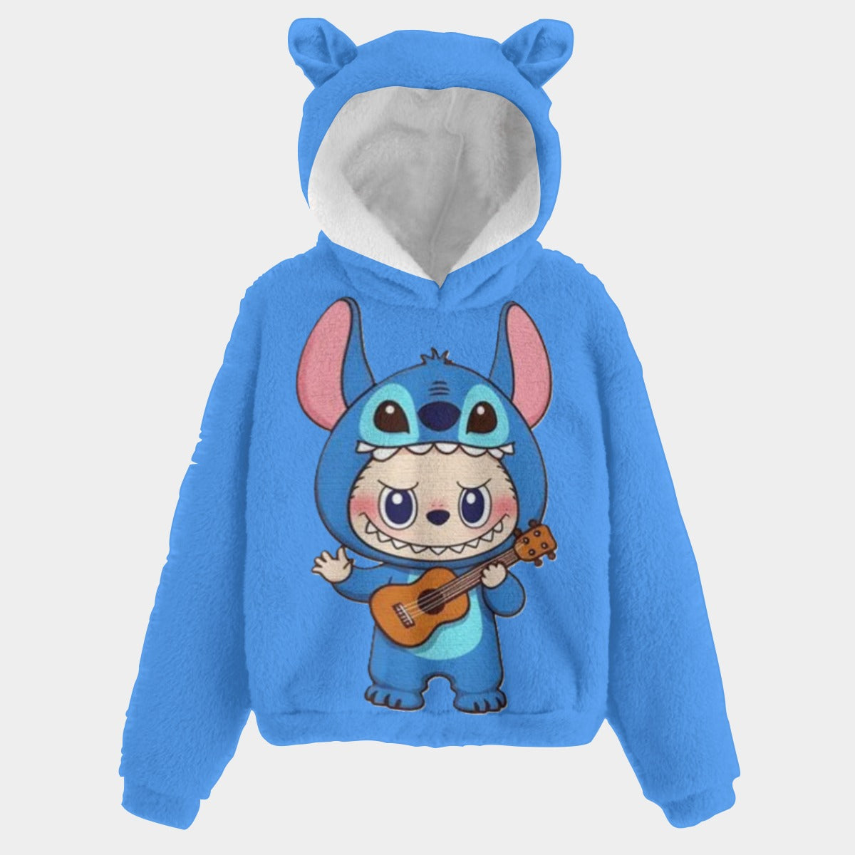 Blue hoodie with cartoon character design on a light gray background