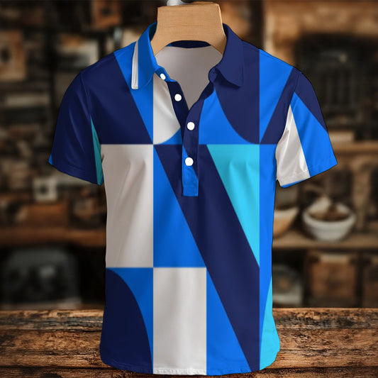 Blue and white checkered polo shirt on a wooden hanger with a blurred background