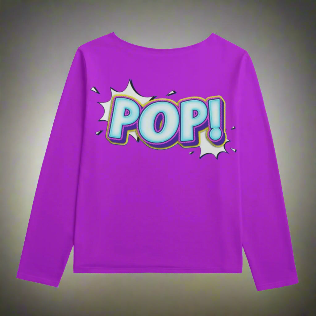 Purple long-sleeve shirt with 'POP!' design on a white background