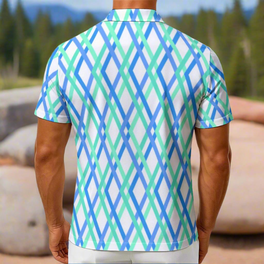 Short-sleeve shirt with a geometric pattern on a white background