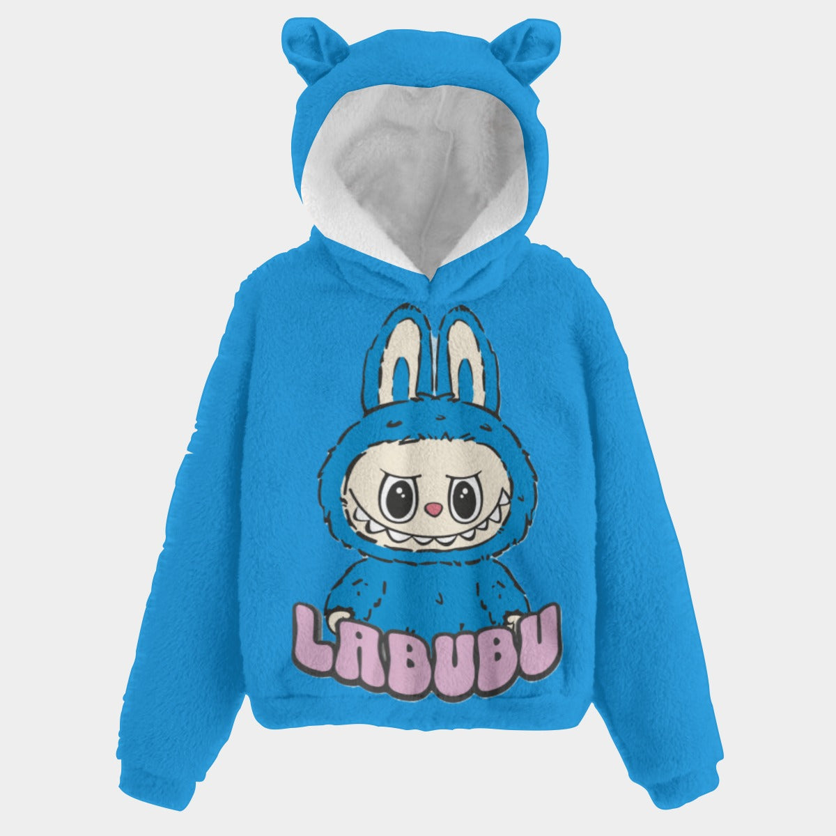Blue hoodie with cartoon character and 'LABUBU' branding on a light gray background