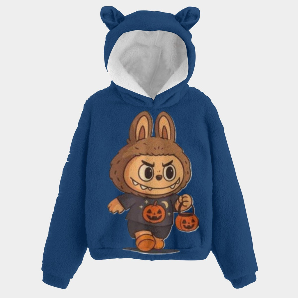 Blue hoodie with a cartoon character on a light gray background