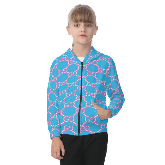 Child wearing a blue and pink patterned jacket on a white background