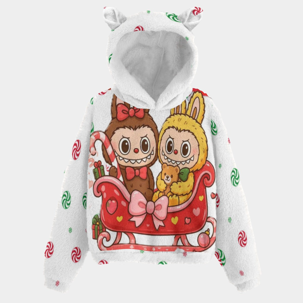 Children's hoodie with cartoon characters and candy cane pattern on a white background