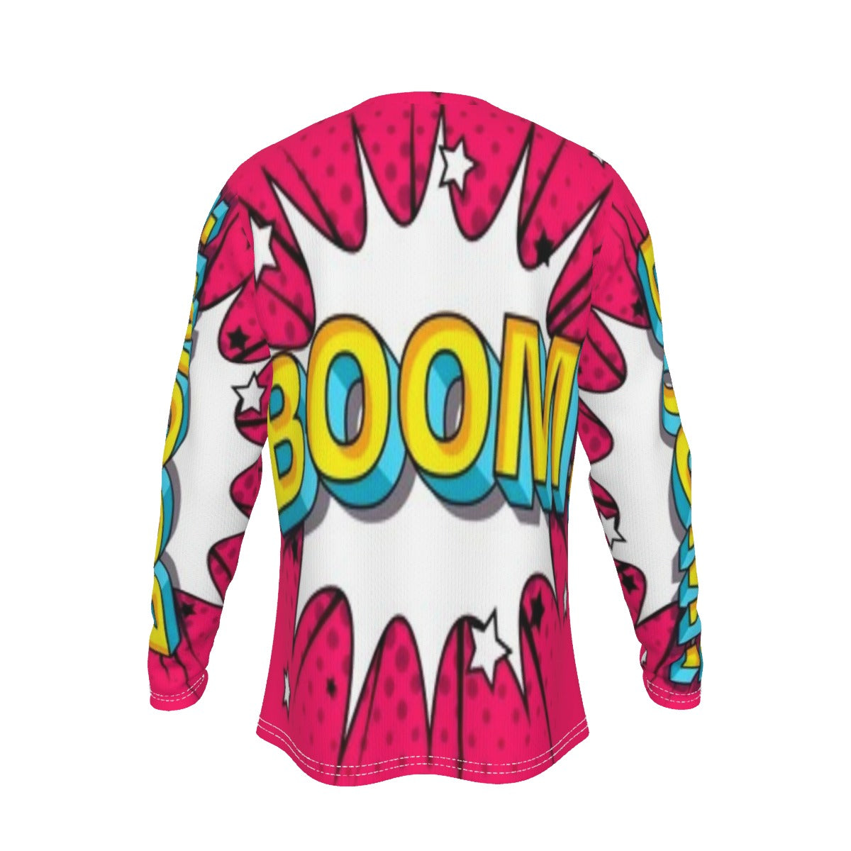Colorful shirt with 'BOOM' design on a white background