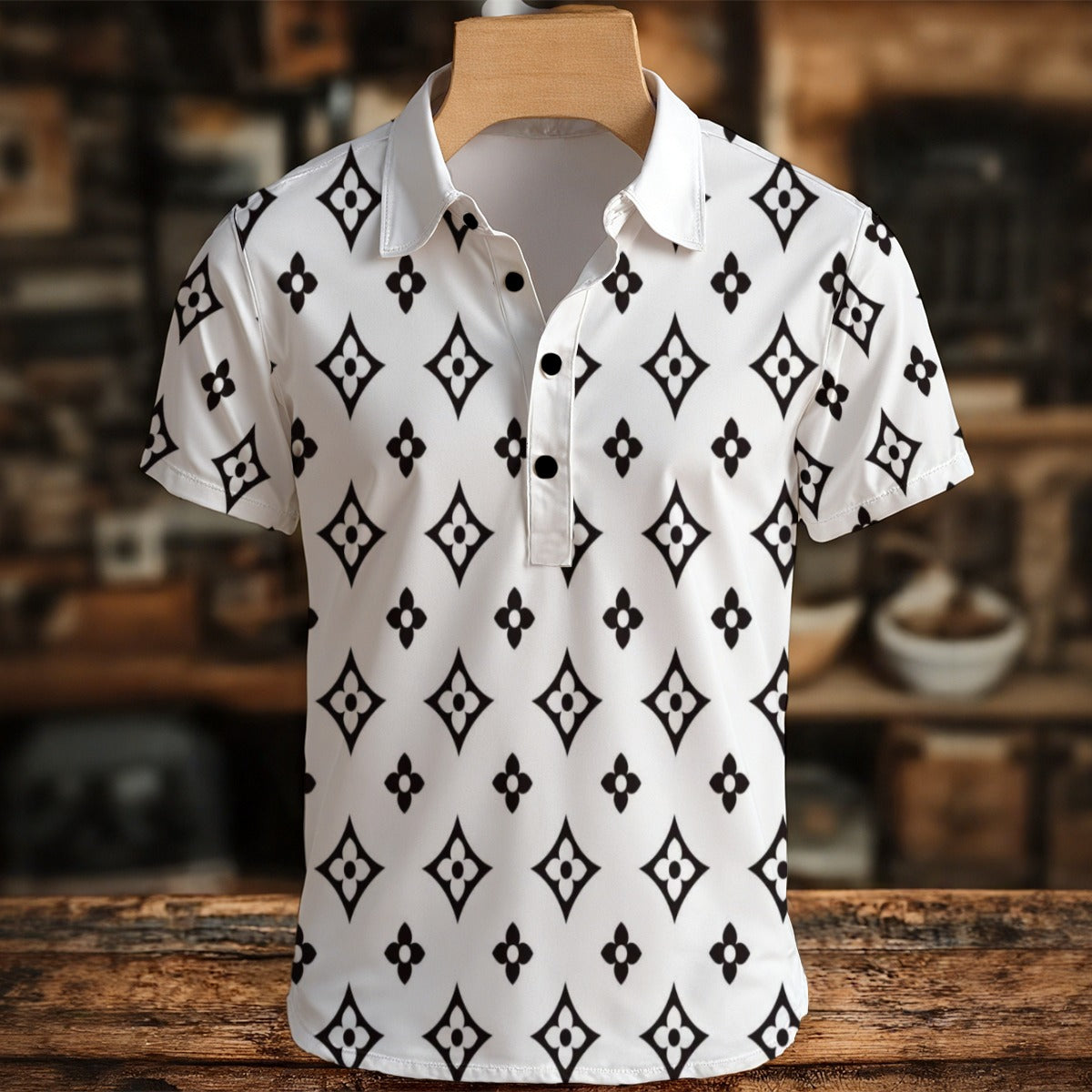 White shirt with black geometric pattern on a wooden mannequin against a blurred background
