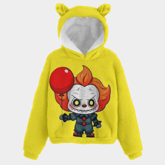 Yellow hoodie with a cartoon character design on a white background