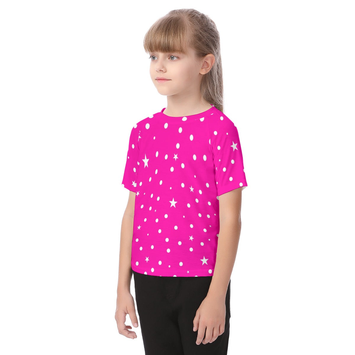 New Hot Pink Girls Polka Dot & Star Dot  Kid's Raglan Sleeve T-shirt