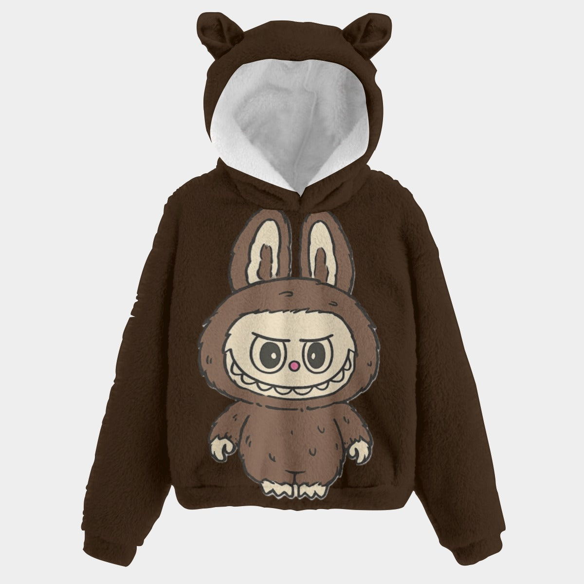 Brown hoodie with cartoon character on a light gray background