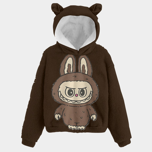 Brown hoodie with cartoon character on a light gray background