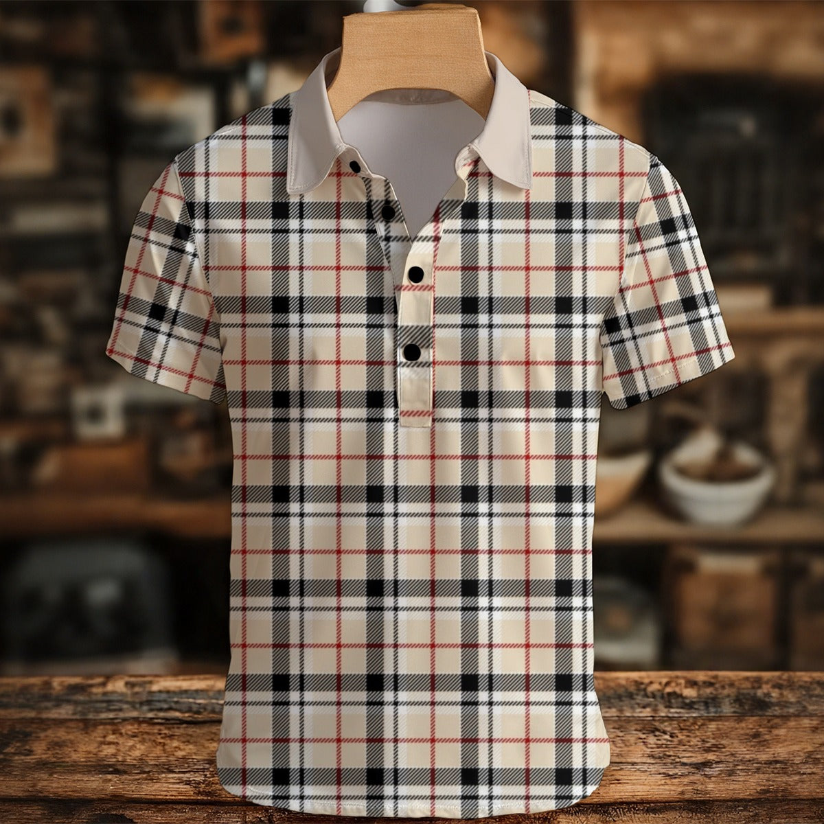 Plaid shirt on a wooden hanger with a blurred background
