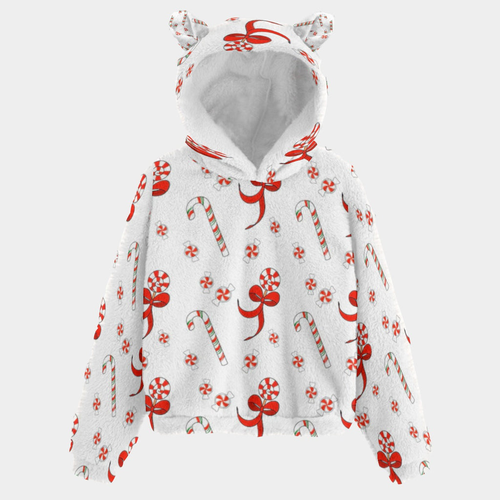 White hoodie with red Christmas-themed patterns on a white background
