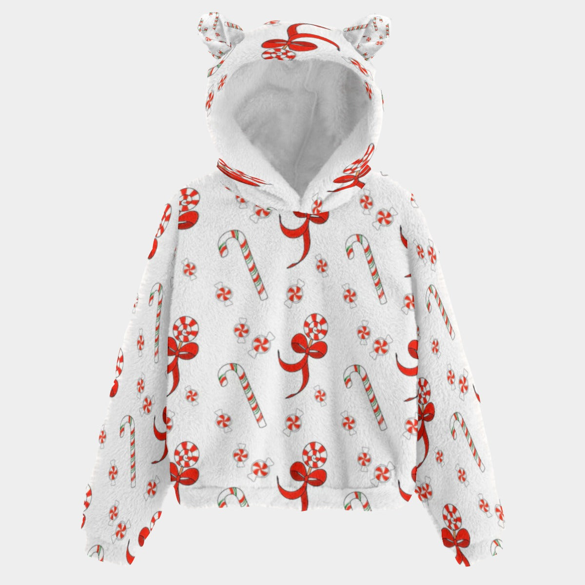 White hoodie with red Christmas-themed patterns on a white background