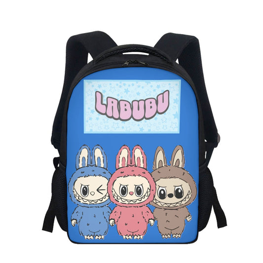 Backpack with cartoon characters and 'LABUBU' branding on a blue background