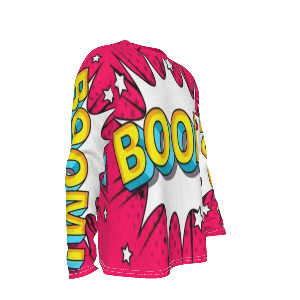 Colorful graphic t-shirt with 'BOOM' text on a white background