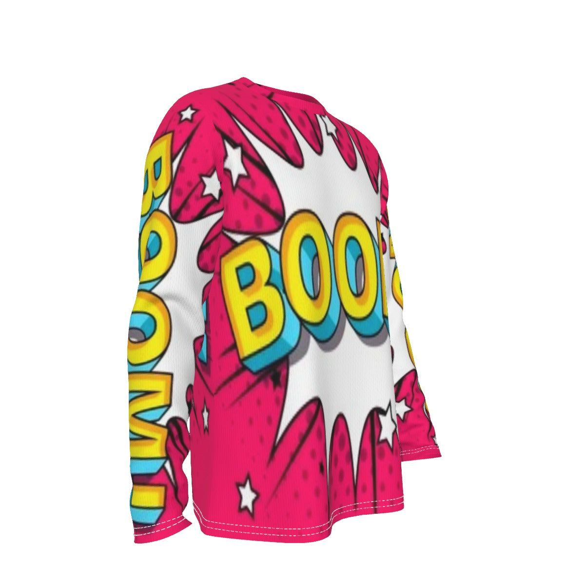 Colorful graphic t-shirt with 'BOOM' text on a white background