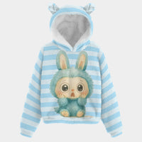 💙Surprise Labubu™ Stripe Snuggle Hoodie – Blue Borg Fleece with Ears - SUPER SOFT! Surprise Labubu Blue Stripe Kid’s Borg Fleece Hoodie With Ears