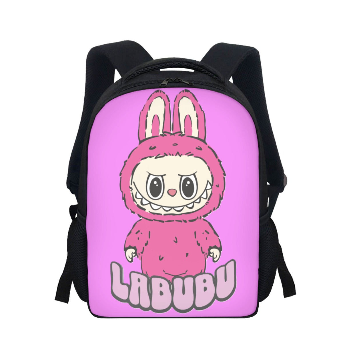 Backpack with a pink character design and 'LABUBU' text on a white background