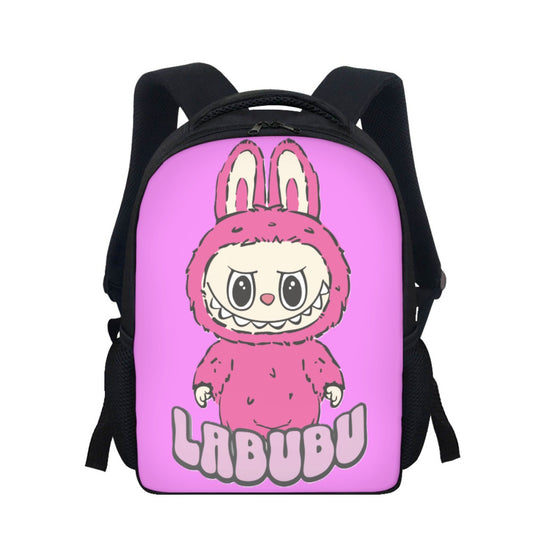 Backpack with a pink character design and 'LABUBU' text on a white background
