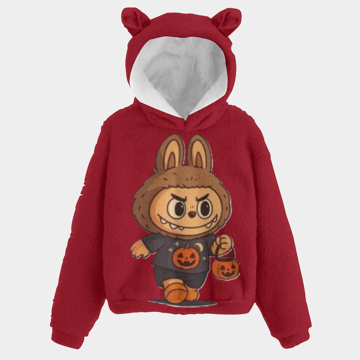 Red hoodie with a cartoon character on a white background