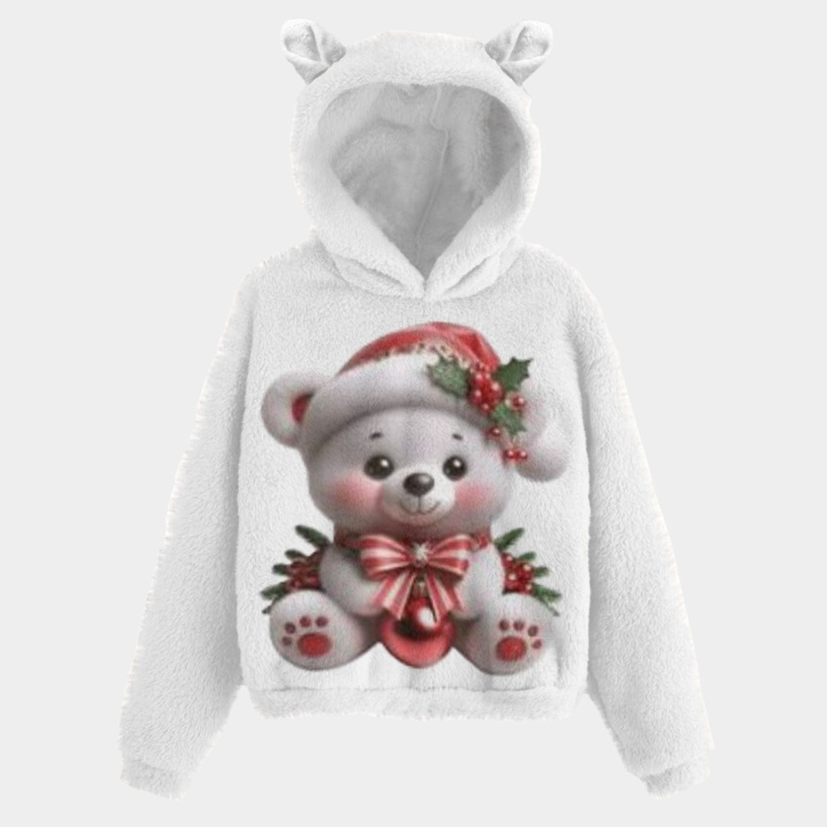 Teddy Bear Christmas Kid’s Borg Fleece Hoodie With Ears