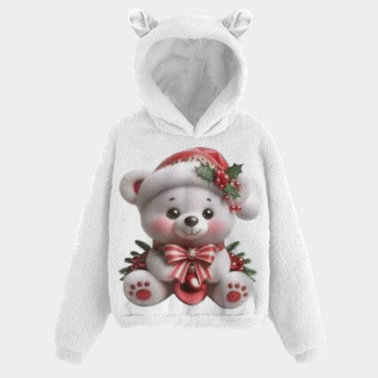 Teddy Bear Christmas Kid’s Borg Fleece Hoodie With Ears