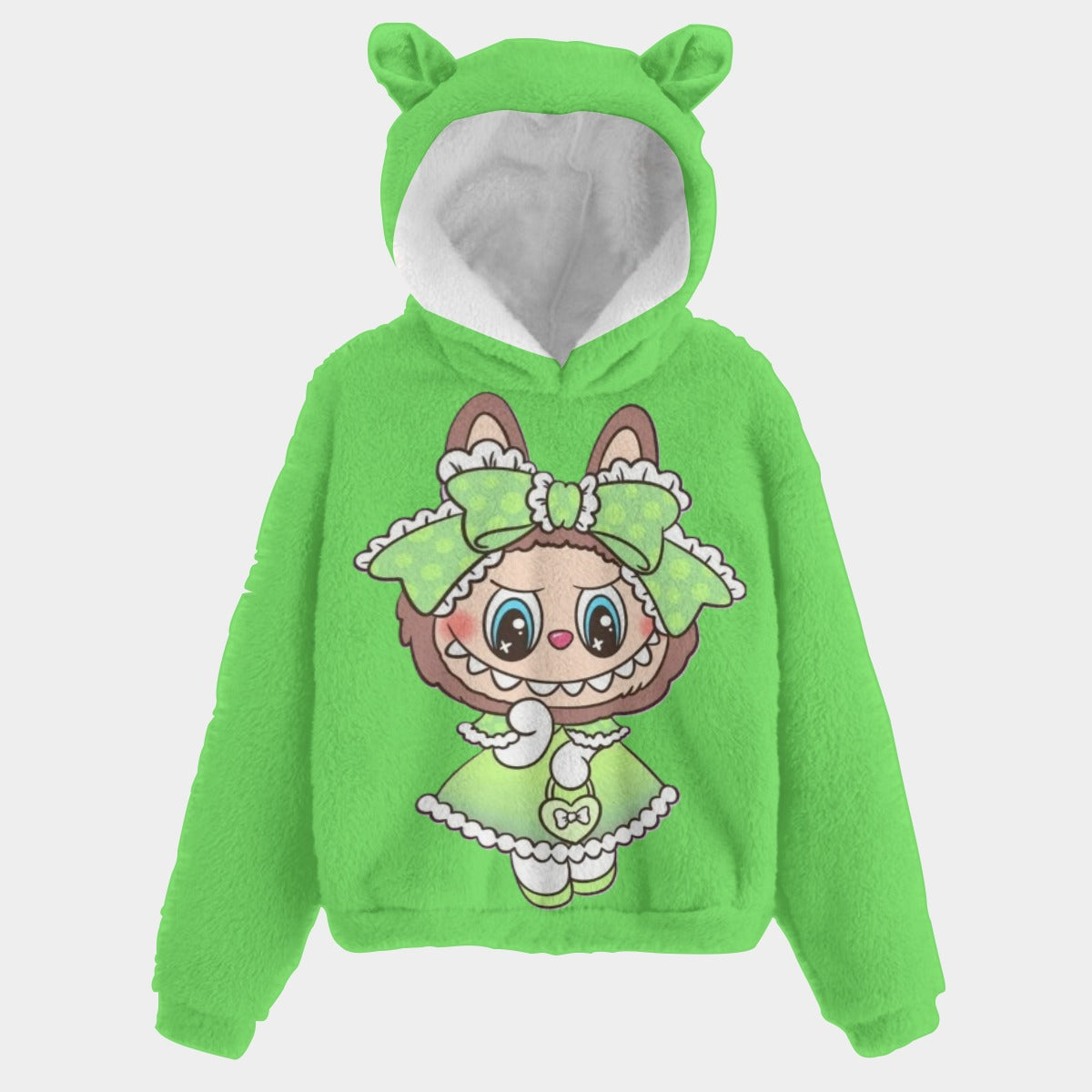 KSC's Exclusive Fancy Labubu Green Kid’s Borg Fleece Hoodie With Ears