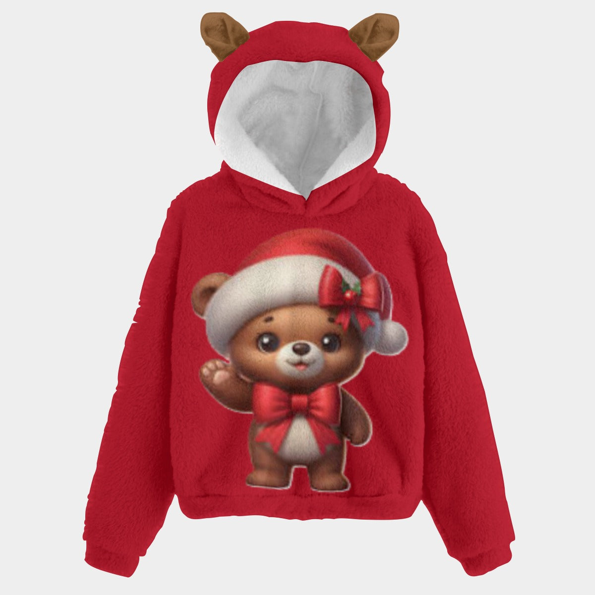 Santa's Christmas Teddy Bear Kid’s Borg Fleece Hoodie With Ears