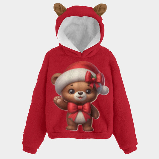 Santa's Christmas Teddy Bear Kid’s Borg Fleece Hoodie With Ears