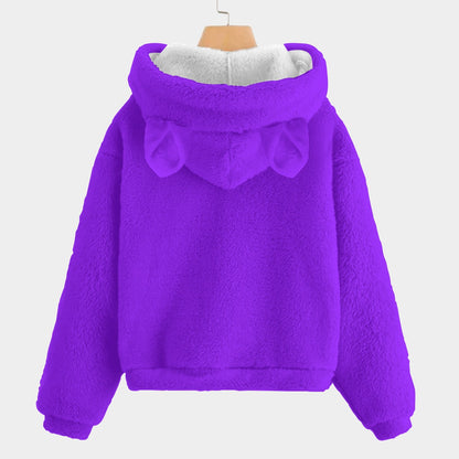 Purple fleece hoodie with a bow on the hood against a white background