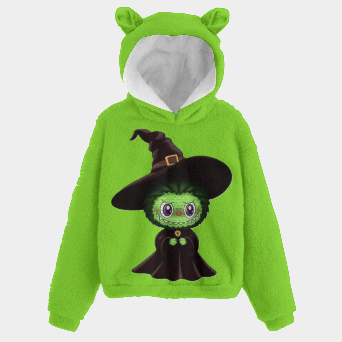 Green hoodie with a cartoon character wearing a witch's hat on a white background