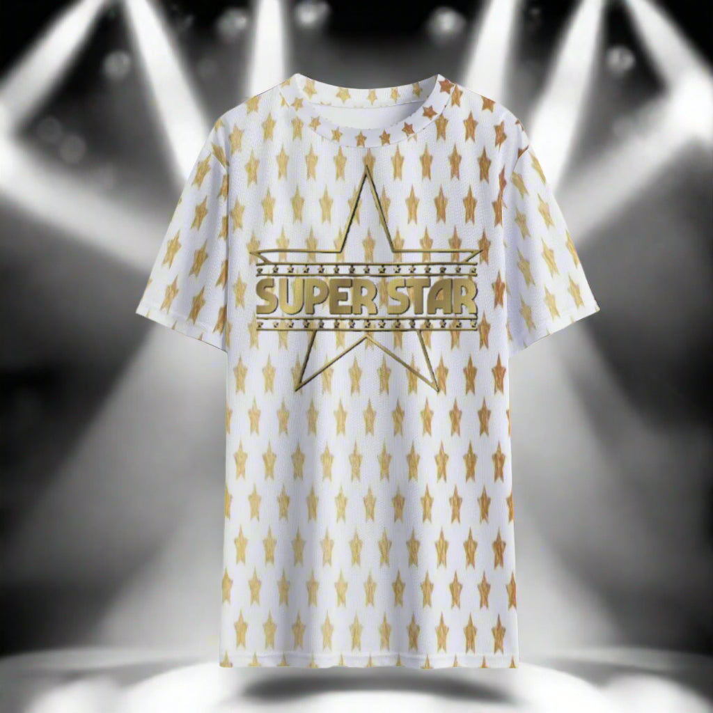 White t-shirt with gold star pattern and 'Superstar' text on a white background