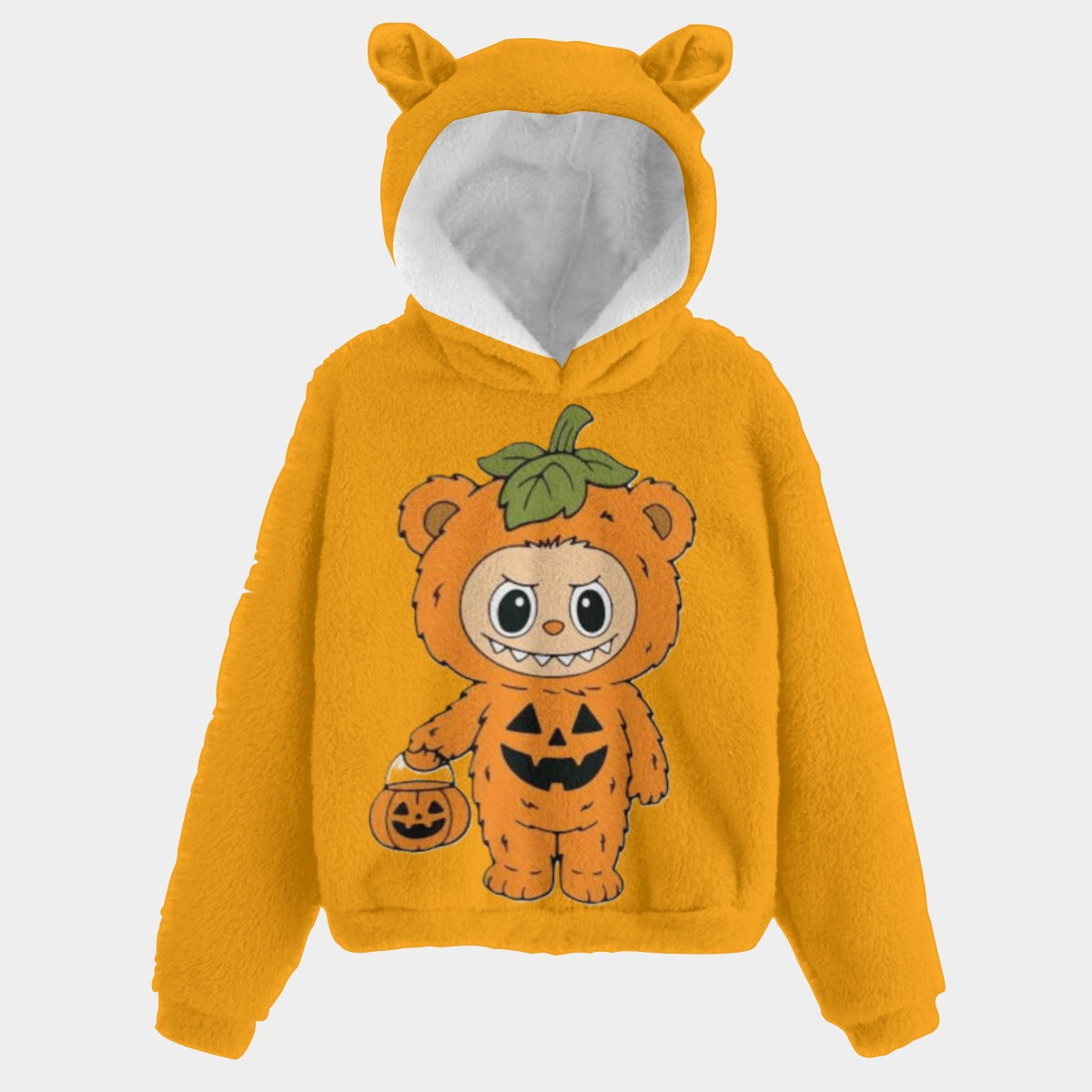 Yellow hoodie with a cartoon pumpkin design on a white background